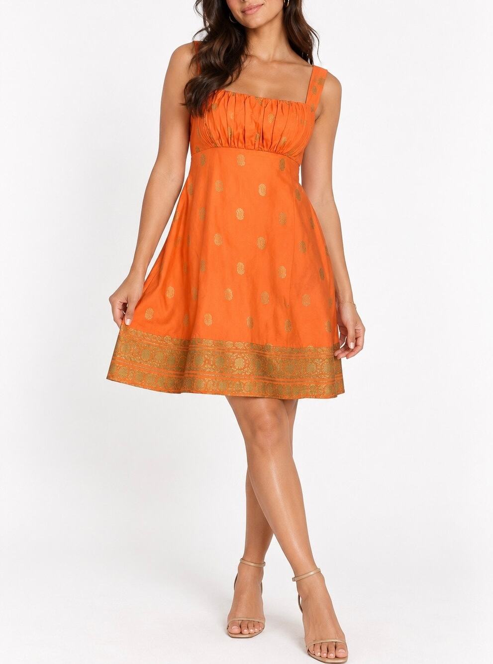 Maeve Anthropologie Orange Gold Paisley Cotton Empire Waist Mini Dress Size 0